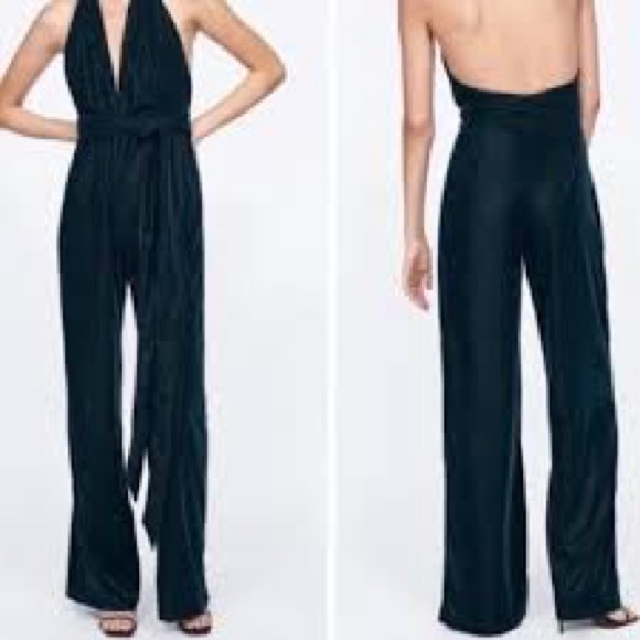 NWT; Zara Velvet Elegant Black Halter Jumpsuit